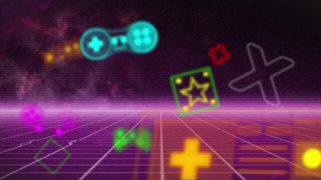 Animation of neon video game controller icons over purple grid network against black background