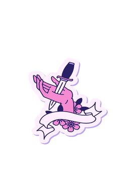 bobbing motion animation of tattoo style sticker with banner of a dagger in the hand