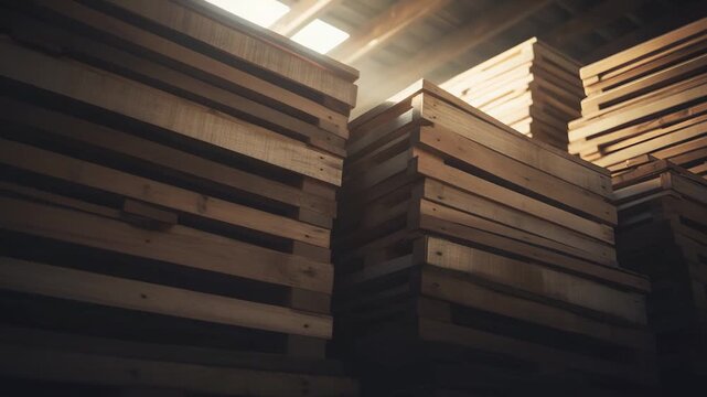 Wooden pallets stacked high in a dim industrial warehouse, creating a sense of organization and readiness for global shipping, transportation, and supply chain operations
