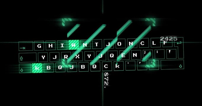 Digital keyboard with glowing letters and numbers over green futuristic animation
