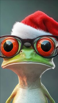 Frog wearing eyeglasses and Santa hat