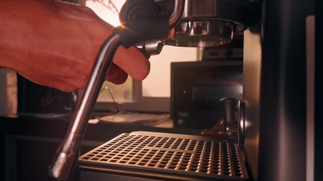 Man installing portafilter and glass measuring cup under espresso machine in cafe interior, close up first person view with warm sunlight and precise hand movement, showing Espresso Brewing and Barist