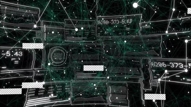 Green network initiating sequence showing rectangles sliding and codes updating into data dashboard