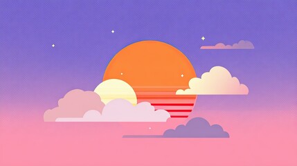 Obraz premium Minimal retro style illustration featuring a stylized sunset with orange sun, layered clouds, and a gradient background transitioning from pink to purple