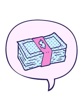 shine light effect animation of cartoon stack of cash with speech bubble in comic book style