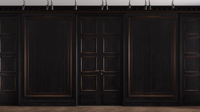 Luxurious empty room with classic black wood paneling a central double door. Two large, elegant doors open to reveal a bright, white space. Isolated, green chromakey, luma matte included.