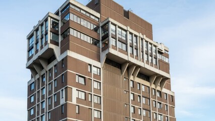 A tall brown brick building with many windows under a blue sky