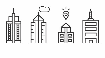 Naklejka premium Black and white line art depicting four stylized skyscrapers with different architectural details