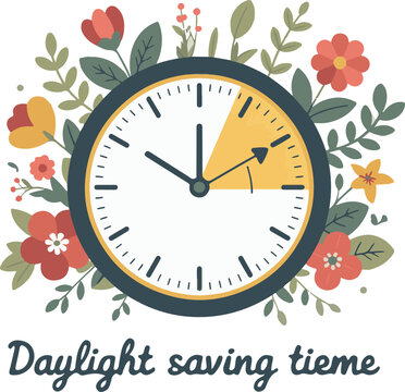 Seasonal time change concept with alarm clocks representing spring forward with tulips and fall back with autumn leaves for daylight saving