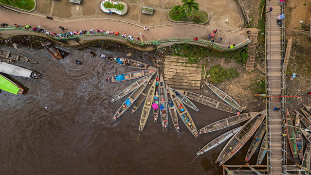 Aerial drone view of Mazan port on the Napo River in the Peruvian Amazon rainforest