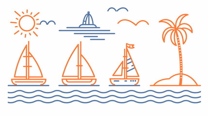 A vibrant, flat illustration depicting a sunny beach scene with sailboats, ocean waves, and a palm tree