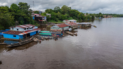 Aerial drone view of Mazan port on the Napo River in the Peruvian Amazon rainforest