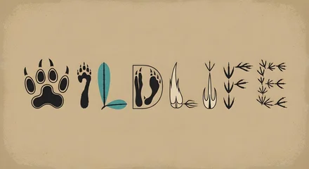 Stunning wild life graphics with paw prints and leaves on beige © Charindu