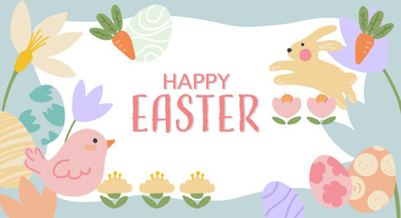 Fototapeta premium Happy Easter greeting card banner with cute bunny bird eggs and spring flowers