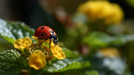 Obraz premium Bright red ladybug perched on a golden yellow flower in a sunny garden, macro close-up, soft defocused bokeh background, garden insect concept, nature wildlife photography, with