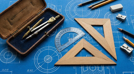 Obraz premium A creative overhead shot of an open geometry set with a compass, protractor, and wooden triangles on a blueprint-style blue paper surface.