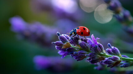Obraz premium Vivid red ladybug perched on delicate purple lavender blossoms in a garden, macro close-up, soft defocused bokeh background, garden insect concept, ladybug photography, nature