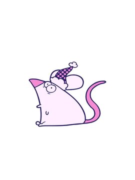 rise and float animation of hand drawn comic book style illustration of a frightened mouse wearing santa hat