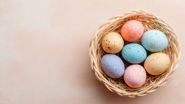 Wicker basket filled with pastel-colored speckled Easter eggs on a light beige background, arranged in a top-down view with empty space on the left.
