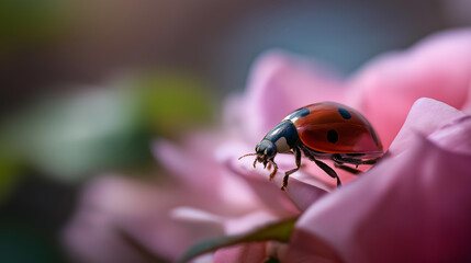 Fototapeta premium Delicate red ladybug perched on a soft pink rose petal, extreme macro close-up, soft defocused bokeh background, garden insect concept, nature photography, floral wildlife, with