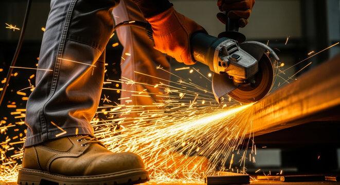 Industrial worker cutting metal with angle grinder creating sparks