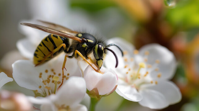 Wasp feeding on delicate white flower blossoms, detailed macro shot, soft defocused natural background, insect on flower concept, garden wildlife photography, nature close-up,