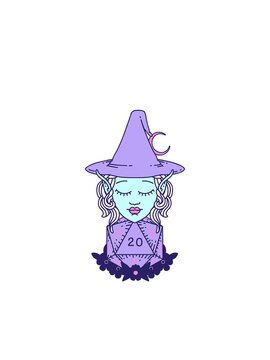 blinking radial lines animation of Retro Tattoo Style elf mage character with natural twenty dice roll