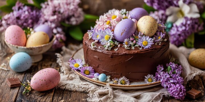 Chocolate cake decorated with pastel Easter eggs and fresh spring flowers, surrounded by lilacs and colorful eggs on a rustic wooden table.