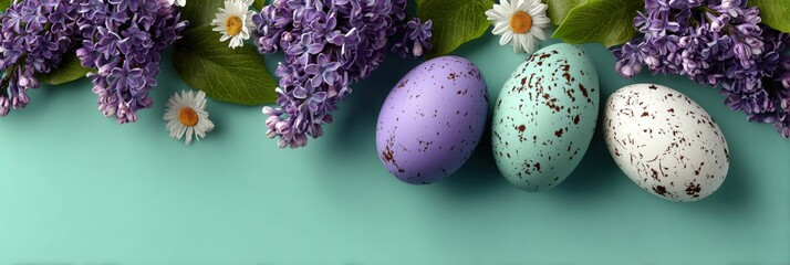 Obraz premium Speckled Easter eggs with lilac flowers and daisies arranged on a pastel turquoise background, creating a festive spring composition.