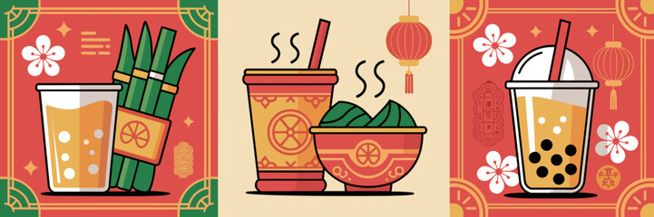 Fototapeta premium Vibrant Lunar New Year beverage icons – Great for digital menus.