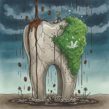 Conceptual art about oral hygiene. Coffee rains on a giant, cracked tooth as a man cultivates a healthy green patch, representing restoration.. Vector illustration