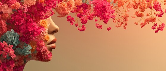 A profile merges with a cascade of vivid flowers dreamy and surreal. The artistic blend symbolizes beauty, growth, and the flowering of identity or emotion.