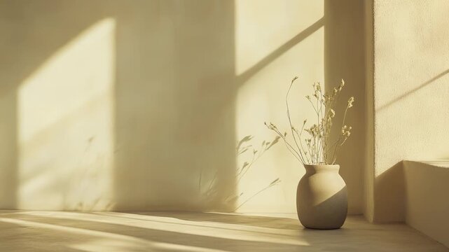 Beige ceramic vase holding dried flowers on a floor, receiving warm sunlight with strong shadows through a window, creating a serene and wabi sabi inspired indoor aesthetic