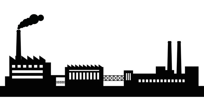 Black silhouette of an industrial factory complex with smoke stacks rising