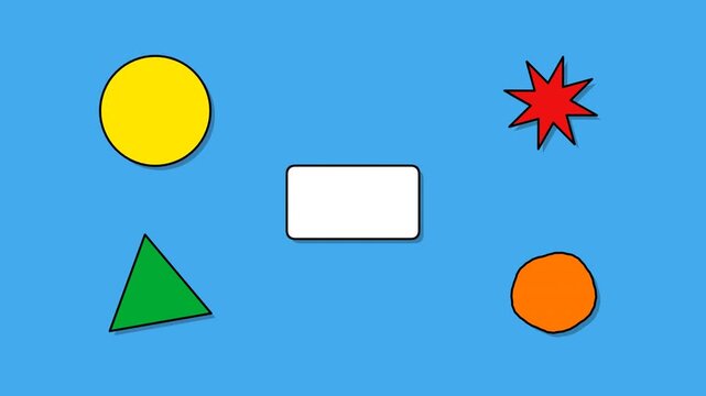 A collection of simple geometric shapes in various colors arranged against a blue background