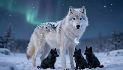 Fototapeta premium A large, majestic white she-wolf with bright blue eyes. A shimmering constellation pattern appears on her back. A crescent-shaped pendant hangs around her neck.