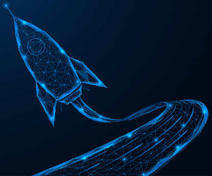 The trajectory of the rocket. The concept of growth, acceleration, technological progress and the successful path of a startup. Low-poly design of interconnected lines and dots, blue background.