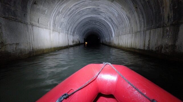 Exploring dark tunnel by red inflatable boat with light reflection
