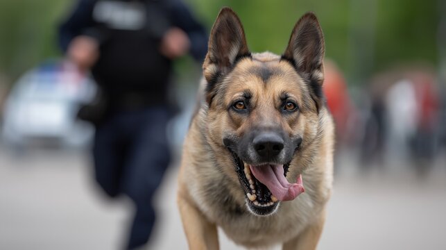 Alert german shepherd in action with police officer in background