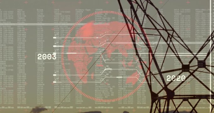 Displaying data panel featuring pixelated world, error code columns, HUD circle, tower silhouette
