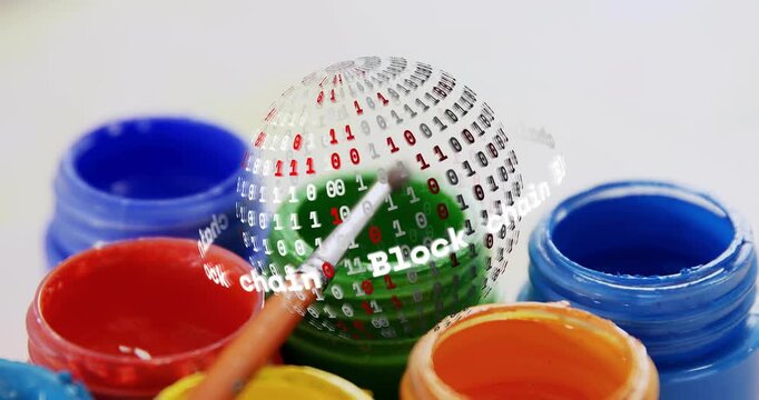 On brush hovering green jar, blockchain sphere rotating among jars highlighting blockchain concept