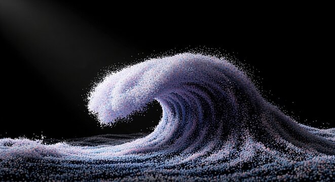 Surreal wave made of tiny purple and white particles crashing in dark space under spotlight