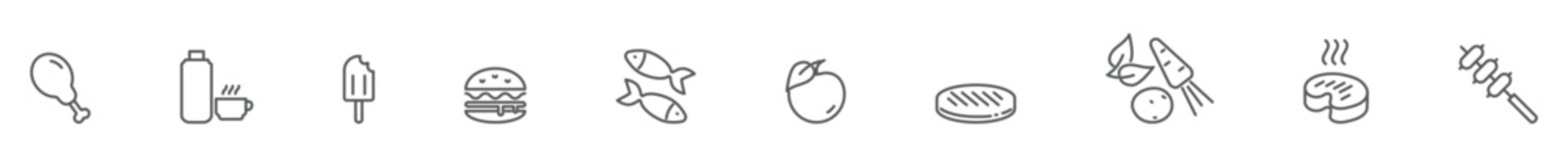 Food line icons set with editable stroke. Clean outline food symbols isolated on a transparent background, suitable for menus, food packaging, recipe apps, websites and restaurant branding.
