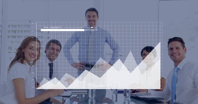 Business presenter gesturing, presenting area chart with rising peaks over table, team leaning