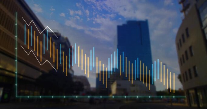 EQ baseline starting left, animating bars rising, tracing peaks over blue-glass tower showing audio