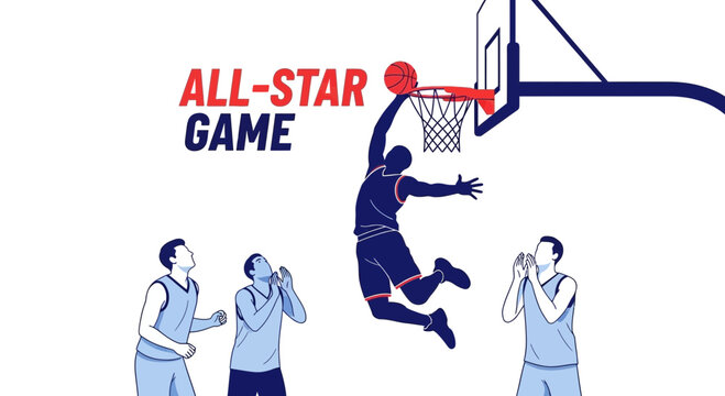 Basketball Action Illustration of the All-Star Game Depicting Player Dunking and Supporting Players
