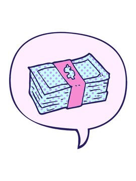 vibrating motion animation of cartoon stack of cash with speech bubble in comic book style