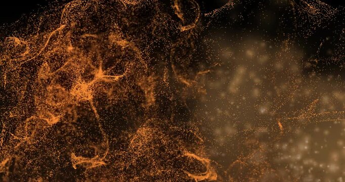 Ribbon unfurling driving glowing orange particles drifting right, forming warm haze over dark void