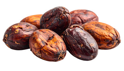 Obraz premium Close-up of several brown, oval-shaped pods, possibly harvested, arranged in a pile against a stark black background