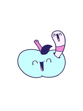 rise and float animation of cartoon worm in happy apple